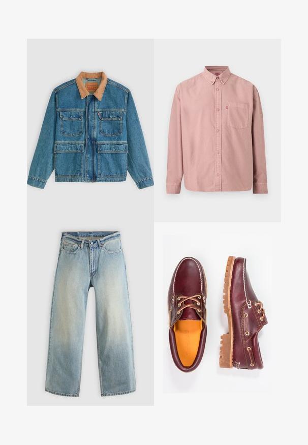 Veste en jean bleue avec quatre poches avant à rabat et un col en velours côtelé marron, présentée sur un fond clair uni.; Chemise rose à manches longues avec boutons, poche avant et col boutonné, présentée sur un fond uni.; Jean denim bleu clair à jambes larges avec une finition délavée. Comprend un design standard à cinq poches et une fermeture à bouton métallique.; Chaussures en cuir bourgogne avec semelles en caoutchouc marron, bout rond, couture blanche et œillets dorés. L'intérieur présente une doublure jaune.
