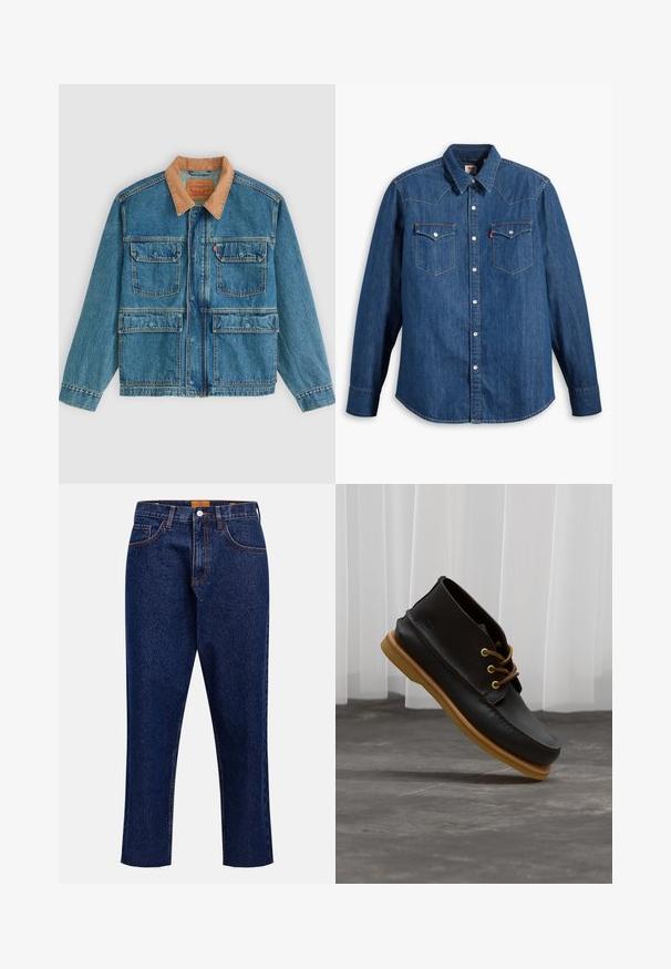 Blå denimjakke med fire frontlommer med klap og en brun manchetkrave, vist på en ensfarvet lys baggrund.; Denim skjorte i mørkeblå med lange ærmer, spids krave og trykknapper. Har to brystlommer med klapper og kontrastsying.; Mørkeblå denimjeans med lige snit, høj talje, fem lommer og frynset kant. Kontrastsyning og detalje med knaplukning.; Sorte lædersko med en glat overflade, rund tå, brune snørebånd og lysebrune gummisåler. Logo præget på siden.
