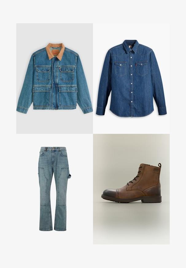 Chaqueta vaquera azul con cuatro bolsillos frontales con solapa y un cuello de pana marrón, mostrada sobre un fondo claro y liso.; Camisa de mezclilla en azul oscuro con mangas largas, cuello puntiagudo y botones a presión. Cuenta con dos bolsillos en el pecho con solapas y costuras en contraste.; Pantalones cargo de mezclilla azul claro con un diseño de pierna recta, que cuentan con múltiples bolsillos y un cierre de botón en la cintura.; Bota de cuero marrón con cordones hasta el tobillo, puntera negra, suela redonda y detalle de marca en el lateral sobre un fondo liso.