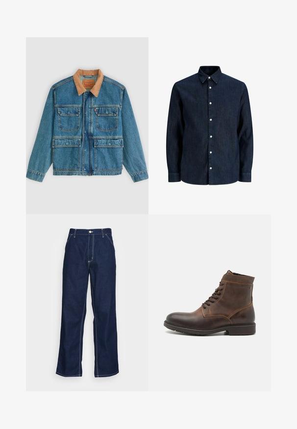 Blaue Jeansjacke mit vier vorderen Klappentaschen und braunem Cordkragen, dargestellt vor hellem einfarbigem Hintergrund.; Dunkelblaues Jeanshemd mit langen Ärmeln, weißen Knöpfen und spitzem Kragen, auf weißem Hintergrund gezeigt.; Dunkelblaue Denim-Hosen mit weitem Bein, hoher Taille, Fronttaschen und kontrastierendem weißen Nähten entlang der Säume.; Jack & Jones JFWDELANEY BOOT - Schnürstiefelette - cognac