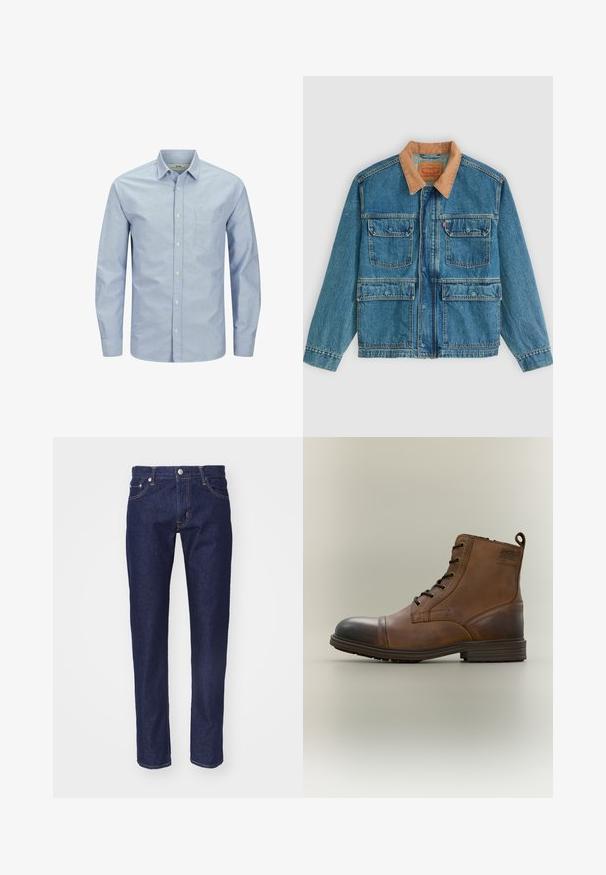 Blaue Jeansjacke mit vier vorderen Klappentaschen und braunem Cordkragen, dargestellt vor hellem einfarbigem Hintergrund.; Helles blaues Langarmhemd mit Knopfleiste und einer Tasche auf der linken Brustseite. Aus weichem Stoff mit glatter Textur und dezentem Logo-Detail gefertigt.; Marineblaue Denim-Jeans mit geradem Schnitt, fünf Taschen, kontrastierendem orangenem Nahtdesign und einem silbernen Knopfverschluss an der Taille.; Brauner Leder-Schnürstiefel bis zum Knöchel mit schwarzer Zehenkappe, runder Sohle und Markenlabel an der Seite vor schlichtem Hintergrund.