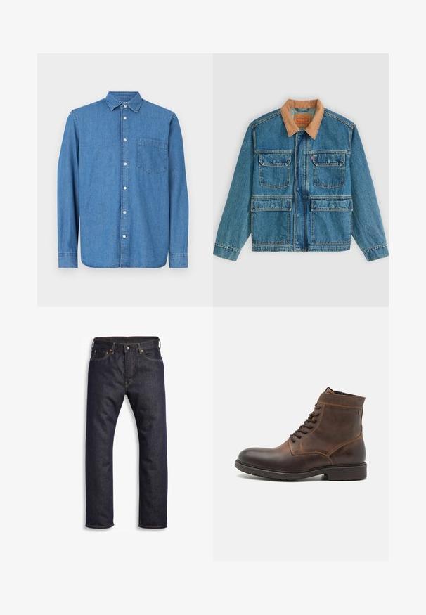 Sinine teksajakk, millel on neli ette voldikuga taskut ja pruun fliiskrae, esitletud tasasel heledal taustal.; Denim särk, helesinine, pikkade varrukatega, nööpidega esiosa, krae, üks rinnatasku, sirge alläärega, peene tekstuuriga, juhuslik disain.; Tumed sinine teksapükk, sirge lõikega, viie-tasku kujundusega, metallist detailidega ja kontrastsete oranžide õmblustega. Sile tekstuur, nähtavad mustrid puuduvad.; Jack & Jones JFWDELANEY BOOT - Nööritavad poolsaapad - cognac