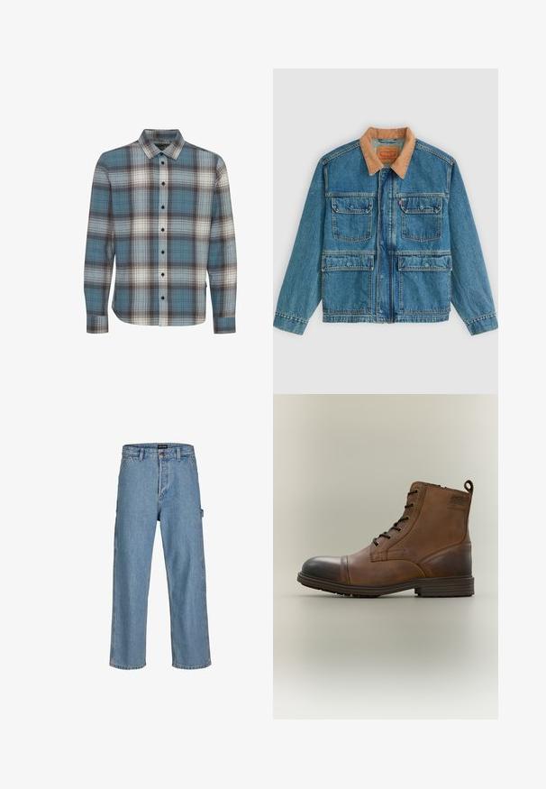 Veste en jean bleue avec quatre poches avant à rabat et un col en velours côtelé marron, présentée sur un fond clair uni.; Chemise à manches longues à carreaux, présentant des couleurs bleue, blanche et marron. Fabriquée en tissu doux avec un col standard et une fermeture à boutons.; Jean en denim bleu clair avec une coupe décontractée, des jambes droites et un bouton à la taille classique. Comprend des poches latérales et des détails de couture subtils.; Botte cheville en cuir marron à lacets avec bout noir, semelle ronde et détail de marque sur le côté sur fond uni.