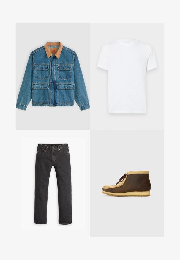 Blaue Jeansjacke mit vier vorderen Klappentaschen und braunem Cordkragen, dargestellt vor hellem einfarbigem Hintergrund.; Weißes Baumwoll-T-Shirt mit Rundhalsausschnitt und kurzen Ärmeln. Mit einem kleinen, eingeprägten Logo auf der linken Brust. Glatte Textur.; Schwarze gerade geschnittene Jeans aus Denim mit fünf Taschen, Knopfverschluss und Kupfernieten auf einem weißen Hintergrund flach ausgelegt.; Braune Leder-Stiefeletten mit einem Kragen aus hellbraunem Wildleder, runder Spitze und braunen Schnürsenkeln. Sie verfügen über eine strukturierte Gummisohle für guten Halt.