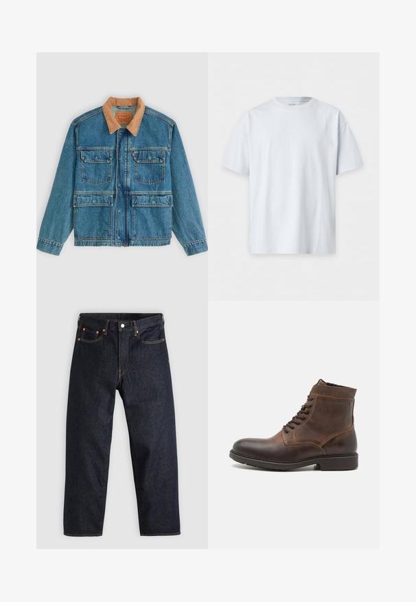 Veste en jean bleue avec quatre poches avant à rabat et un col en velours côtelé marron, présentée sur un fond clair uni.; T-shirt blanc uni à manches courtes et col rond, posé à plat sur un fond blanc.; Jean en denim bleu foncé avec une coupe droite, cinq poches, des coutures orange contrastantes et une fermeture à boutons. Pas de motifs ou d'ornements visibles.; Jack & Jones JFWDELANEY BOOT - Bottines à lacets - cognac
