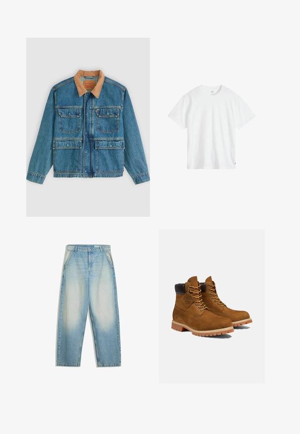 Blaue Jeansjacke mit vier vorderen Klappentaschen und braunem Cordkragen, dargestellt vor hellem einfarbigem Hintergrund.; Weißes Baumwoll-T-Shirt mit Rundhalsausschnitt, kurzen Ärmeln und lockerer Passform. Verfügt über ein kleines Markenschild unten links.; Hellblaue, ausgewaschene Jeans mit lockerem Sitz, Seitentaschen, Gürtelschlaufen und einem Knopfverschluss an der Taille.; Braune Wildleder-Stiefeletten mit einem gepolsterten schwarzen Kragen, goldenen Ösen und einer dicken Gummisohle mit einem Rillenmuster für besseren Grip.