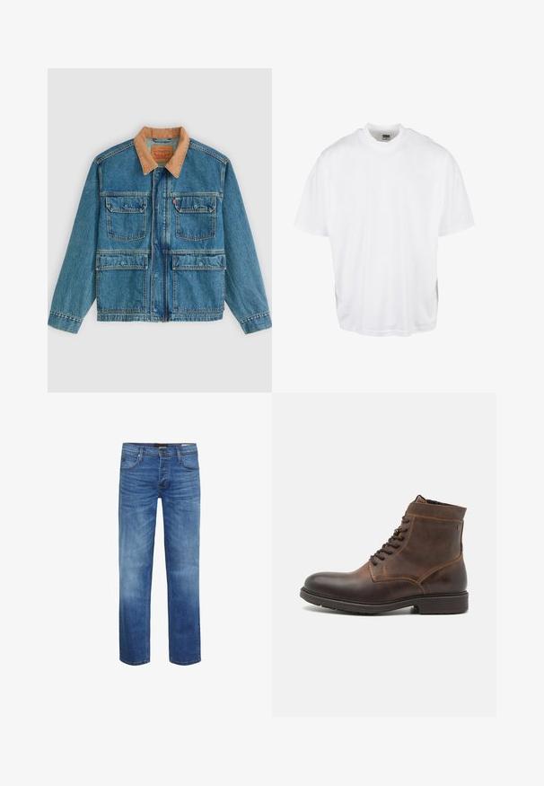 Blaue Jeansjacke mit vier vorderen Klappentaschen und braunem Cordkragen, dargestellt vor hellem einfarbigem Hintergrund.; Weißes Baumwoll-T-Shirt mit lockerer Passform, kurzen Ärmeln und rundem Halsausschnitt, mit geradem Saum und ohne sichtbare Grafiken oder Muster.; Hellblaue Jeans aus Denim mit einem verwaschenen Finish, gerader Schnitt, Fünf-Taschen-Design und einem Reißverschluss. Mit brauner Naht und einem Logo-Patch.; Jack & Jones JFWDELANEY BOOT - Schnürstiefelette - cognac