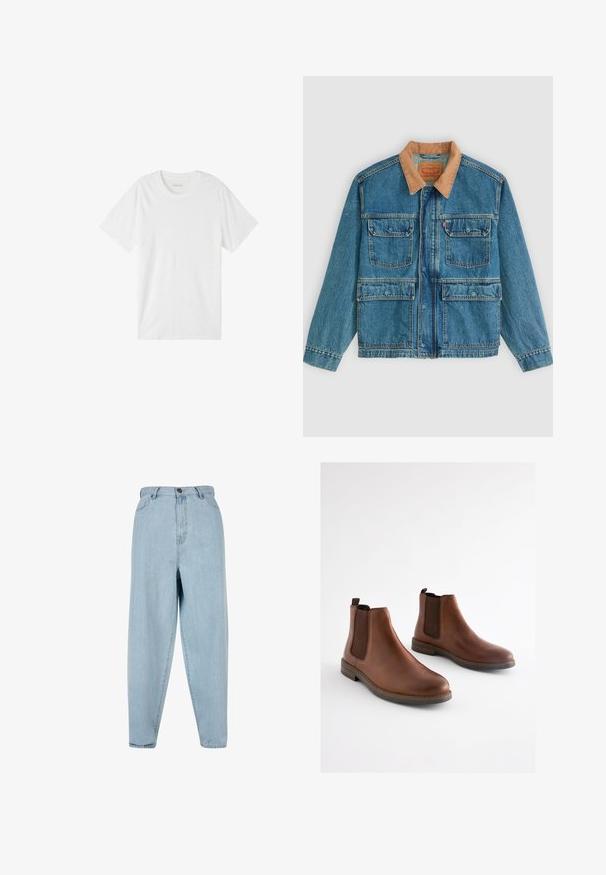 Blaue Jeansjacke mit vier vorderen Klappentaschen und braunem Cordkragen, dargestellt vor hellem einfarbigem Hintergrund.; Weißes T-Shirt mit kurzen Ärmeln aus weicher Baumwolle. Verfügt über einen klassischen Rundhalsausschnitt und ein einfaches, nahtloses Design ohne Muster oder Akzente.; Helle blaue, hoch taillierte Jeans mit lockerer Passform. Ausgestattet mit einem Frontknopf, Reißverschluss und fünf Taschen. Leicht verblasste Fabric-Textur.; Braune Leder-Stiefeletten mit elastischen seitlichen Einsätzen, einer abgerundeten Spitze und einem gestapelten Absatz. Glatte Textur mit kontrastierenden braunen Akzenten.