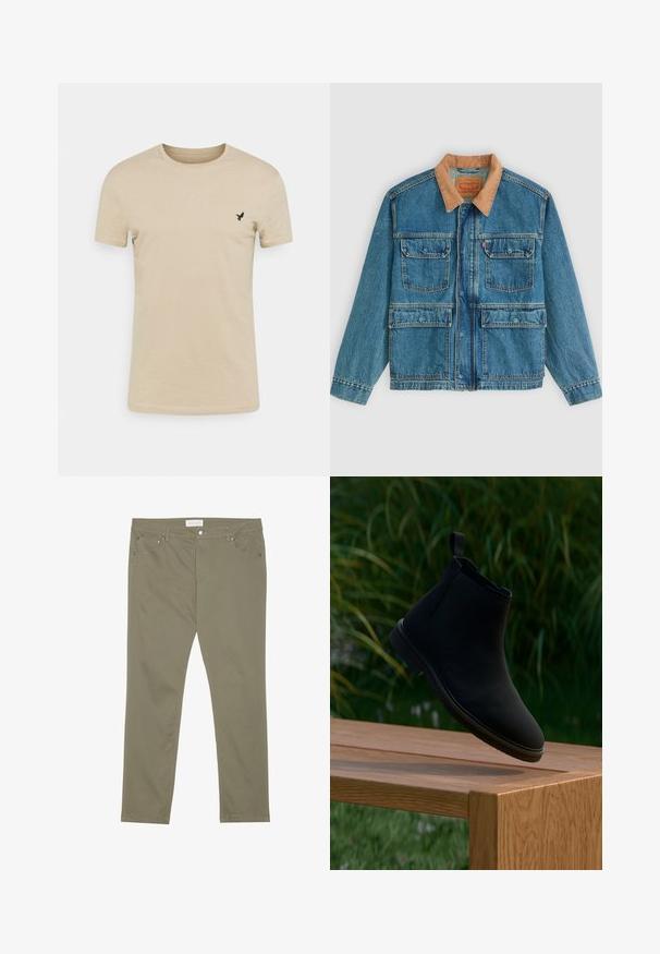 Blå denimjakke med fire frontlommer med klap og en brun manchetkrave, vist på en ensfarvet lys baggrund.; Beige kortærmet T-shirt lavet af blødt stof, med rund halsudskæring og et lille sort fugle-logo på venstre brystområde.; Oliven grønne bukser til kvinder lavet af bomuldsblanding. Har et tætsiddende design, forlommer og kontrasterende syninger.; Sort Chelsea-støvle lavet af glat læder, med en trækflig, rund tå, elastiske sidepaneler og en lav hæl. Viset på en træoverflade.