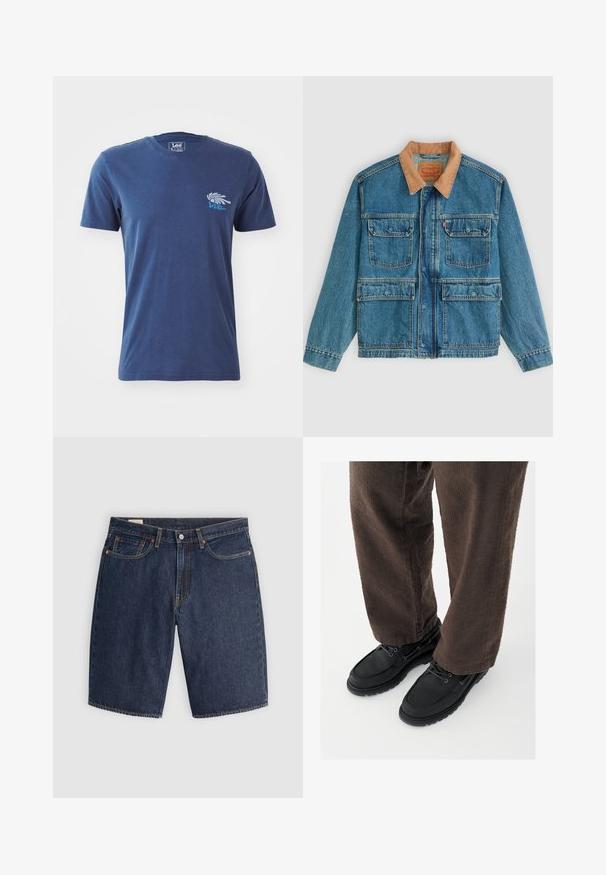 Blå denimjakke med fire frontlommer med klap og en brun manchetkrave, vist på en ensfarvet lys baggrund.; Marineblå bomulds t-shirt med korte ærmer, rund halsudskæring og et grafisk design af en hånd samt tekst på venstre brystområde.; Mørkeblå denim shorts med et klassisk design, der har fem lommer, syninger, en knaplukning og buede baglommer.; Sorte lædersko med glat finish, rundet tå og snøredesign, kombineret med teksturerede brune bukser. Set fra gulvniveau.