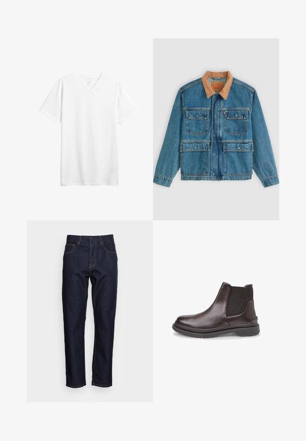 Blauwe spijkerjas met vier voorzakken met klep en een bruine ribfluwelen kraag, weergegeven tegen een effen lichte achtergrond.; Witte korte mouwen v-hals t-shirt gemaakt van katoen. Beschikt over een relaxte pasvorm en een zachte textuur zonder zichtbare patronen of graphics.; Donkerblauwe spijkerbroeken met een rechte snit, vijf zakken en contrasterende gele stiksels. Ontworpen met een klassieke knoop- en ritssluiting.; Bruine leren Chelsea-boot met zwarte elastische zijpanelen, ronde neus en een getextureerde rubberen zool voor grip. Gladde afwerking en minimalistisch ontwerp.