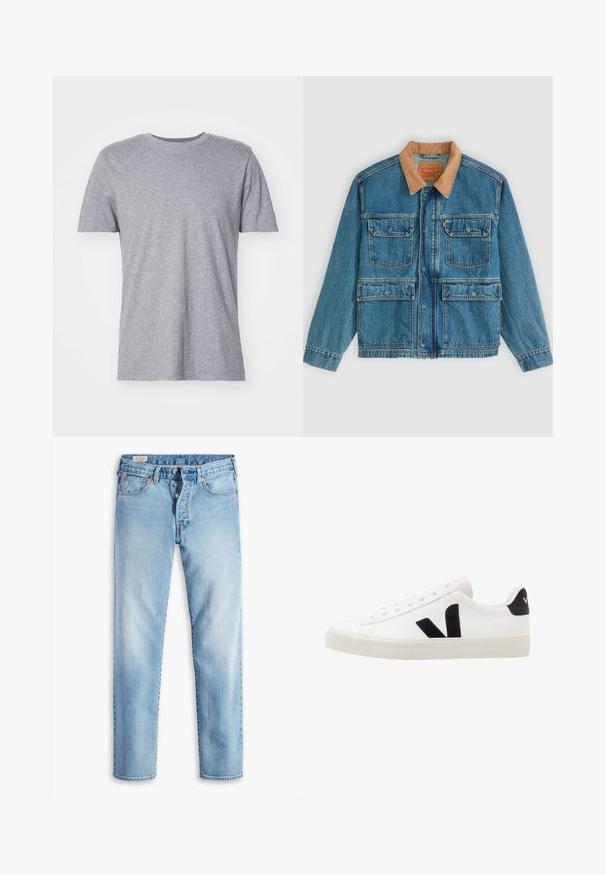 Blauwe spijkerjas met vier voorzakken met klep en een bruine ribfluwelen kraag, weergegeven tegen een effen lichte achtergrond.; Grijze, korte mouwen t-shirt gemaakt van een katoenmix, met een klassieke ronde halslijn en een gladde, zachte textuur.; Lichtblauwe denim jeans met een rechte pijp, voorzien van vijf zakken, riemlussen en een knoopsluiting.; Witte leren sneaker met zwarte suède accenten; voorzien van een rubberen zool, ronde neus en een klassieke vetersluiting. Zijkant met logo in het zwart.