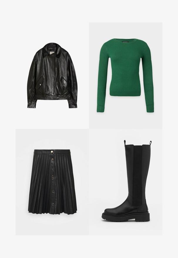 Zwarte leren jas met een brede kraag, ritssluiting aan de voorkant, twee klepzakken met knopen en lange mouwen, label Bershka.; Groen geribd trui met lange mouwen en ronde hals, aansluitende stijl en label bij de halslijn op een effen lichte achtergrond.; VILA VIAMINA SHORT BUTTON COATED SKIRT - Plooirok - black; Zwarte kniehoge laars met een gladde leren buitenkant, elastische zijpanelen, ronde neus en een dikke zwarte rubberen zool.