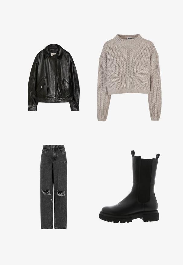 Sort læderjakke med bred krave, foran lynlås, to knap-lukkede klaplommer og lange ærmer, mærket Bershka.; Beige chunky strikket cropped sweater med lange ærmer og ribbet rund halsudskæring samt manchetter.; Sorte højtaljede brede bukser af jeans med rifter på knæene og slidte detaljer på en hvid baggrund.; Sorte læder ankelstøvler med et slankt design, elastiske sidepaneler, grebsløkker og en kraftig gummisål med et takkede mønster.