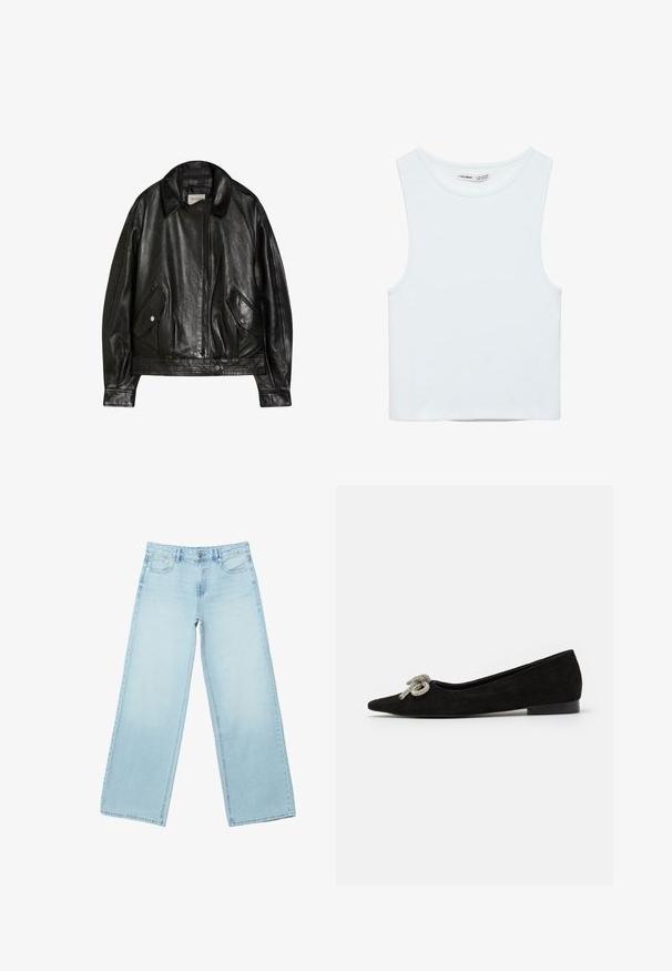 Veste en cuir noire avec un large col, fermeture éclair à l’avant, deux poches à rabat boutonnées et manches longues, étiquetée Bershka.; Crop top blanc sans manches avec col rond, en tissu lisse, étiqueté Pull&Bear, adapté pour un usage décontracté.; Jean en denim bleu clair à jambes larges avec poches avant, passants pour ceinture et fermeture par bouton.; Chaussure plate en suede noir avec un bout pointu, ornée d'un détail de nœud en argent décoratif à l'avant, présentant un petit talon.