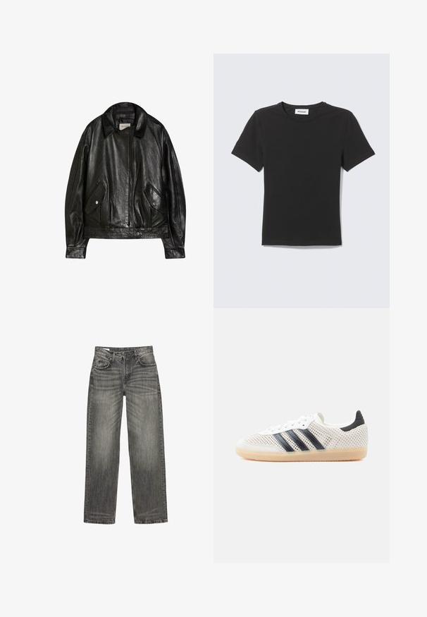 Zwarte leren jas met een brede kraag, ritssluiting aan de voorkant, twee klepzakken met knopen en lange mouwen, label Bershka.; Zwarte T-shirt met korte mouwen en ronde hals plat gelegd met een klein wit label binnen de kraag tegen een lichte achtergrond.; Grijze denim jeans met een relaxte pasvorm, voorzien van vijf zakken, subtiele vervaging en een rechte pijpdesign. Classic tailleband met riemlussen.; Witte sneakers van mesh met een zwart ontwerp van drie strepen, een ronde neus en een rubberen gumzool. Voorzien van een zachte hielkraag en een vetersluiting.