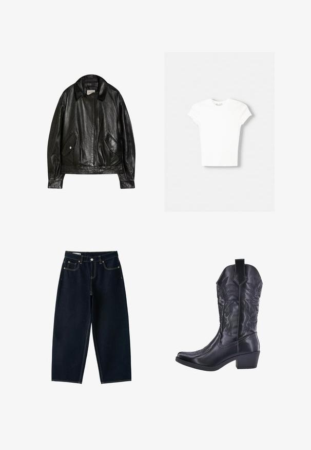 Zwarte leren jas met een brede kraag, ritssluiting aan de voorkant, twee klepzakken met knopen en lange mouwen, label Bershka.; Witte t-shirt met korte mouwen van zachte katoen, met een ronde halslijn en een getailleerde vorm. Geen zichtbare patronen of versieringen.; Donkerblauwe jeans met wijde pijpen, hoge taille, knoop aan de voorkant, rits en vijf zakken met zichtbare stiksels.; Zwarte leren cowboylaars met intricaat geperst bloemendesign, puntige neus en lage blokhak. Voorzien van een trekband op de schacht.