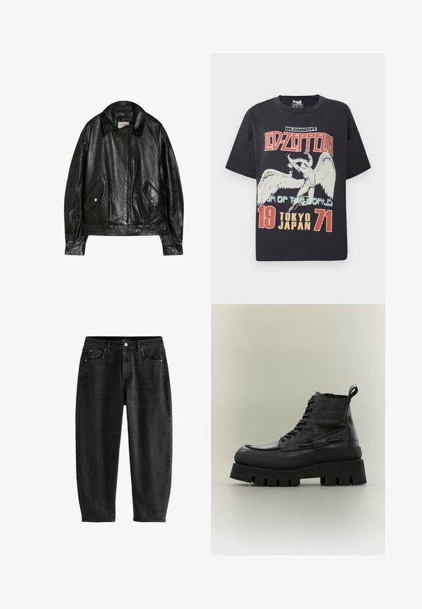 Veste en cuir noire avec un large col, fermeture éclair à l’avant, deux poches à rabat boutonnées et manches longues, étiquetée Bershka.; T-shirt noir en coton présentant un grand imprimé graphique d'un ange avec le texte "Led Zeppelin en concert Tour du Monde Tokyo Japon 1971."; Jean en denim noir avec une coupe décontractée, présentant un design classique à cinq poches, un bouton de fermeture et des détails de couture subtils.; Botte à plateforme épaisse en cuir noir avec laçage à l’avant et semelle épaisse rainurée, vue de côté sur un fond neutre.