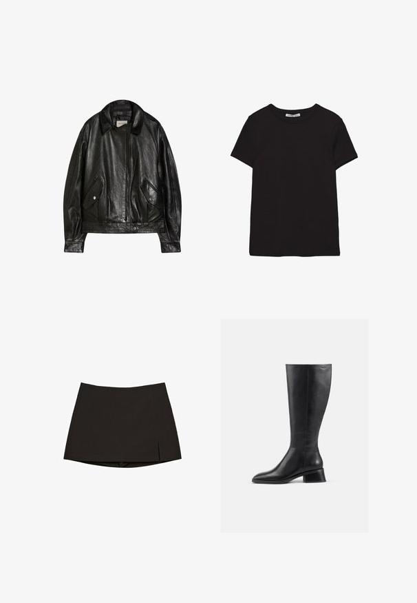Veste en cuir noire avec un large col, fermeture éclair à l’avant, deux poches à rabat boutonnées et manches longues, étiquetée Bershka.; T-shirt noir en coton à manches courtes avec encolure ronde, coupe standard et étiquette intérieure visible au niveau du col.; Mini-jupe noire en tissu lisse, avec une coupe droite, des fentes latérales et un ourlet net. Simple et polyvalente.; Bottillon en cuir noir hauteur genou avec un bout arrondi et un petit talon carré. Présente une texture lisse et des détails de couture minimaux.