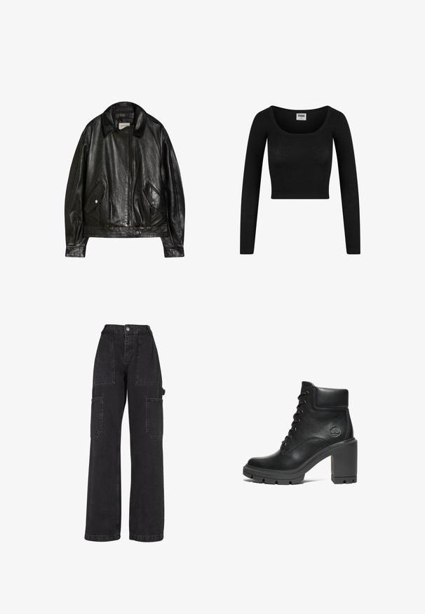 Schwarze Lederjacke mit weitem Kragen, Frontreißverschluss, zwei mit Knöpfen zu schließenden Pattentaschen und langen Ärmeln, mit dem Label Bershka.; Schwarzes langärmliges Cropped-Top mit einem runden Ausschnitt, aus geripptem Stoff gefertigt. Hat eine figurbetonte Silhouette und eine weiche Textur.; Schwarze Denim-Cargohosen mit weitem Bein, mehreren aufgesetzten Taschen und hoher Taille. Verfügt über einen Knopfverschluss und strapazierfähige Nähte.; Schwarze Leder-Stiefelette mit einem klobigen Absatz, Schnürdesign und strukturiertem Gummisohl; besitzt ein kleines geprägtes Logo an der Seite.