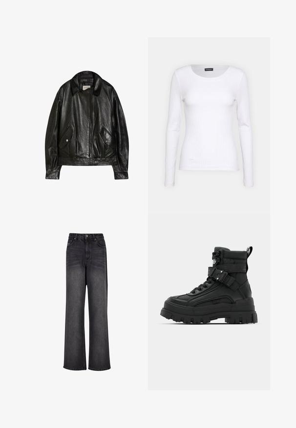 Schwarze Lederjacke mit weitem Kragen, Frontreißverschluss, zwei mit Knöpfen zu schließenden Pattentaschen und langen Ärmeln, mit dem Label Bershka.; Weißes geripptes Langarmoberteil mit Rundhalsausschnitt. Aus einem dehnbaren Stoff gefertigt, der den Körper umschmeichelt. Verfügt über dezente horizontale Streifen.; Schwarze Denim-Jeans mit weitem Bein und glatter Textur, mit hoher Taille, seitlichen Taschen und einer Knopfverschluss.; Schwarze Knöchelstiefel mit strukturiertem Obermaterial, dicker Sohle, Schnürverschluss vorne und verstellbarem Riemen mit Logo-Detail. Gummisohle mit ausgeprägtem Profil.
