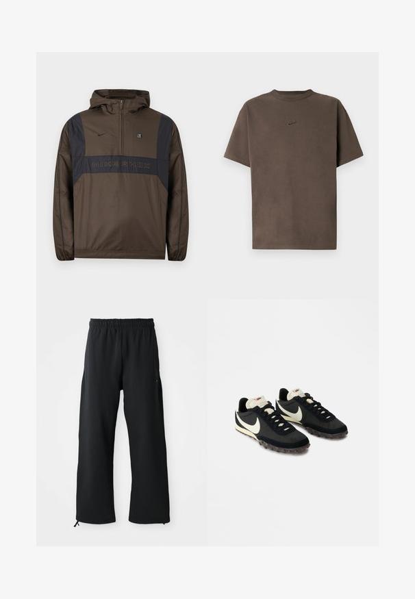 Coupe-vent à capuche Nike Shox marron et noir avec demi-fermeture éclair et poignets élastiques, arborant le logo Nike swoosh et le texte "NIKE SHOX" sur la poitrine.; T-shirt marron à manches courtes Nike avec col rond et petit logo brodé centré sur la poitrine, sur fond blanc.; Pantalons larges noirs en tissu doux, dotés d'une taille élastique et d'un cordon de serrage, avec des poches latérales et une texture lisse.; Chaussures de sport noires avec une tige texturée, logo swoosh blanc et semelle en caoutchouc dotée de petits crampons pour une meilleure traction. Col de couleur crème.
