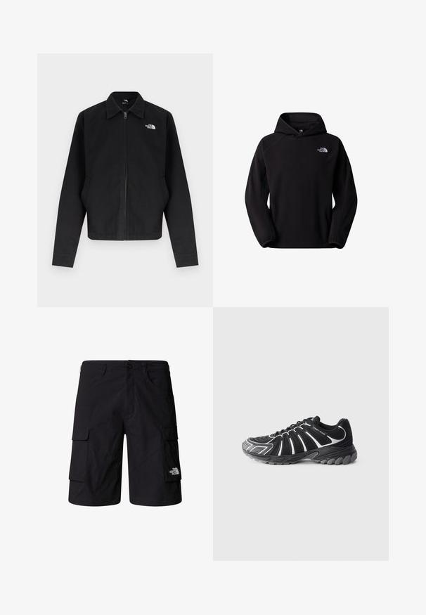 Musta vetoketjullinen takki, jossa on kaulus, pitkät hihat, sivutaskut ja valkoinen "The North Face" -logo vasemmassa rinnassa.; Musta fleecehuppari, jossa on kengurutasku, säädettävä huppu ja vasemmassa rinnassa kirjailtu logo. Pehmeä tekstuuri ja rento istuvuus.; Mustat cargo-shortsit, jotka on valmistettu kevyestä kankaasta. Niissä on kaksi sivutaskua, kaksi cargo-taskua ja brändin logo oikeassa alareunassa.; Musta urheilukenkä valkoisilla yksityiskohdilla, jossa on teksturoitu päällinen, kaareva muotoilu ja kumipohja, jossa on erottuvat urat pitoon.