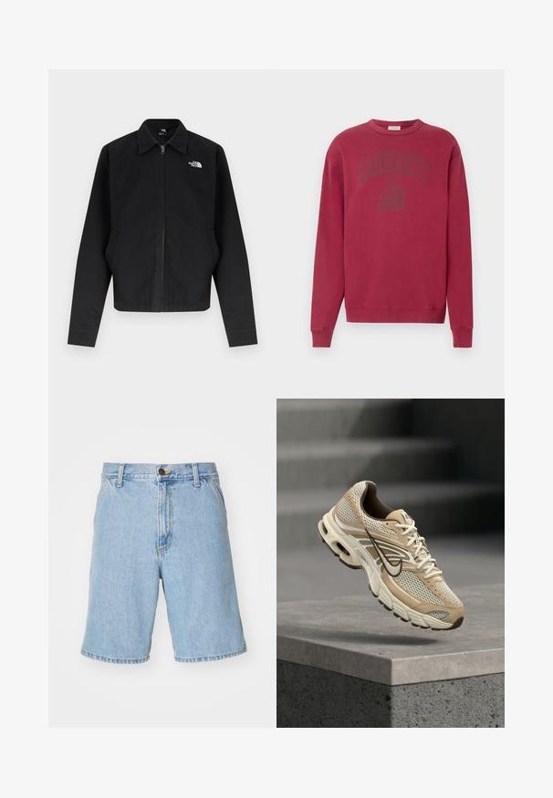 Čierna bunda na zips s golierom, dlhými rukávmi, bočnými vreckami a bielym logom "The North Face" na ľavej strane hrude.; Bordová mikina s dlhými rukávmi a okrúhlym výstrihom. Na hrudi má tónované logo "Carhartt". Vyrobená z mäkkého bavlneného materiálu.; Svetlomodré denimové šortky s voľným strihom, s praktickým zipsom, gombíkovým zapínaním a štyrmi vreckami. Tkanina má hladký povrch.; Béžovo-biele bežecké topánky Nike s mesh panelmi a čiernym logo Swoosh, vznášajúce sa nad betónovým obrubníkom s rozmazanými schodmi v pozadí.