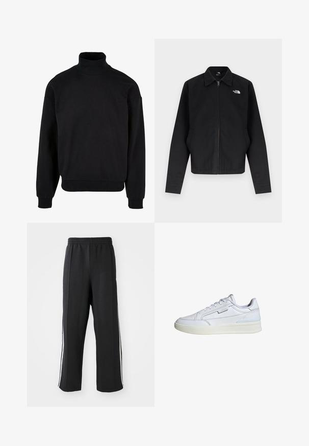 Schwarze Reißverschlussjacke mit Kragen, langen Ärmeln, Seitentaschen und weißem "The North Face"-Logo auf der linken Brust.; Schwarzes Rollkragen-Sweatshirt mit lockerer Passform, langen Ärmeln und gerippten Bündchen. Aus einem weichen, strukturierten Stoff gefertigt.; Schwarze Jogginghose mit elastischem Bund, ausgestattet mit weißen seitlichen Streifen und einem lässigen Schnitt. Hergestellt aus weichem, dehnbarem Stoff.; Weiße Leder-Sneaker mit glatter Oberfläche und subtilen Stickdetails. Sie verfügen über eine Gummisohle und ein minimalistisches Design mit grauen Akzenten.