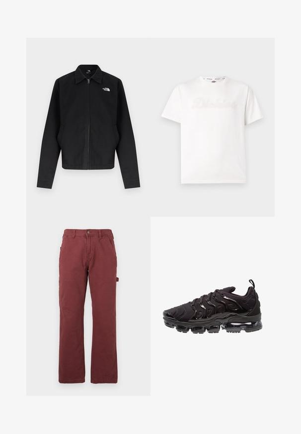 Veste noire à fermeture éclair avec col, manches longues, poches latérales, et logo blanc "The North Face" sur la poitrine gauche.; T-shirt blanc à manches courtes avec logo "Dickies" discrètement embossé sur le devant et bande intérieure de col marquée.; Pantalons de travail droits pour hommes en rouge foncé, avec poches avant, passants de ceinture, bouton, fermeture éclair et une boucle utilitaire sur le côté.; Chaussures de sport noires avec une tige en tissu texturé, des accents brillants et une semelle à coussin d'air proéminente. Présente des éléments de design distincts en forme de vague.
