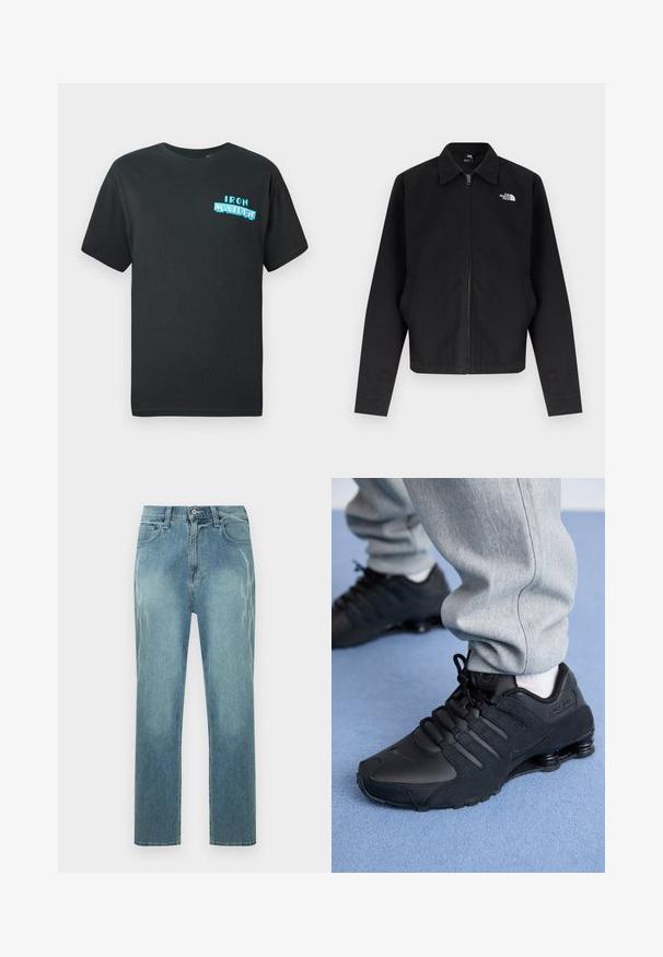Čierna bunda na zips s golierom, dlhými rukávmi, bočnými vreckami a bielym logom "The North Face" na ľavej strane hrude.; Čierne bavlnené tričko s krátkymi rukávmi, na prednej strane s modrým grafickým dizajnom, ktorý znie "IRON MAIDEN" v štýlových písmenách.; Svetlomodré rifle s rovnými nohavicami so vyblednutým leopardím vzorom na bokoch, predným zapínaním na gombíky a klasickým päťvreckovým dizajnom.; Osoba v čiernych teniskách Nike Shox a šedých teplákoch stojí na svetlomodrom koberci.