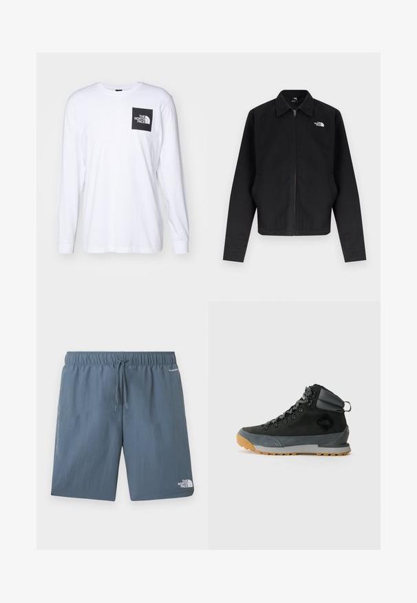 Chaqueta negra con cremallera y cuello, mangas largas, bolsillos laterales y logo blanco de "The North Face" en el pecho izquierdo.; Camiseta de manga larga blanca con un logo cuadrado negro que dice "The North Face" en la parte superior izquierda del pecho.; Pantalones cortos azules con cintura elástica y cordón, logo de The North Face en la pierna izquierda y texto "FLASHDRY" cerca del bolsillo derecho.; Botas de senderismo negras de caña alta, hechas de ante texturizado y materiales sintéticos, con acentos grises, suela de goma robusta y cordones grises.