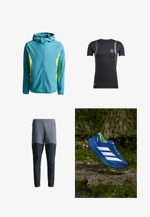 Μπουφάν softshell σε τιρκουάζ χρώμα με κουκούλα, εμπρόσθιο φερμουάρ, πλευρικές τσέπες με φερμουάρ και κίτρινες πλευρικές επιφάνειες, με το λογότυπο Monterrain στο στήθος.; Μαύρο αθλητικό μπλουζάκι κοντό μανίκι με γκρι λεπτομέρειες, κατασκευασμένο από ελαστικό ύφασμα. Διαθέτει το λογότυπο της Adidas στο αριστερό στήθος και την επωνυμία Techfit.; Αθλητικό παντελόνι με δύο τόνους, γκρι και μαύρο, με ελαστική μέση και φερμουάρ στις πλαϊνές τσέπες.; Μπλε αθλητικό παπούτσι με πράσινες λεπτομέρειες, διαθέτει πλέγμα επάνω μέρος, τρεις λευκές ρίγες και υφή στη σόλα για καλύτερη πρόσφυση.