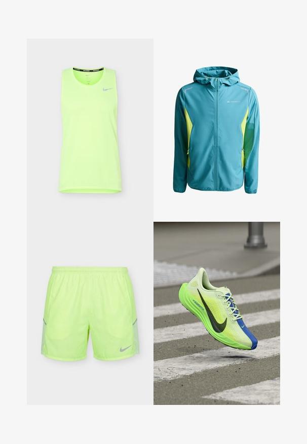 Veste softshell bleu sarcelle avec capuche, fermeture éclair frontale, poches latérales zippées et panneaux latéraux jaunes, marque Monterrain sur la poitrine.; Débardeur de course Nike sans manches vert néon vif avec logo swoosh réfléchissant sur la poitrine gauche sur fond blanc.; Short de sport jaune néon avec taille élastique, panneaux en mesh latéraux et logo Nike gris sur la jambe gauche.; Chaussure de course néon vert et bleu avec un swoosh noir, en plein vol au-dessus d'un passage piéton sur une rue en asphalte.