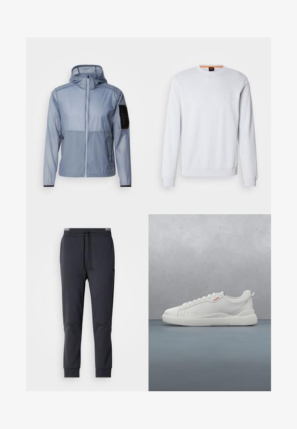 Lyseblå, letvægtsjakke med fuld lynlås, justerbar hætte og sort lomme på venstre ærme. Glat tekstur og minimalistik design.; Hvid sweatshirt med lange ærmer, rund halsudskæring og diskret logo-patch. Glat tekstur og ribbede manchetter og kant for et tætsiddende look.; Mørkegrå sweatpants med snoretræk i taljen, tapered ben og sidelommer. Glat tekstur og minimalistiske designdetaljer.; Hvide sneakers med en glat læderfinish, rund tå, fire snørehuller, subtile perforeringer og en rød logo detalje på siden.