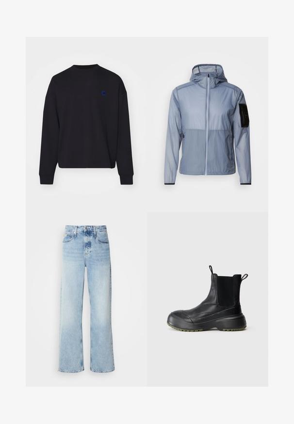 Lyseblå, letvægtsjakke med fuld lynlås, justerbar hætte og sort lomme på venstre ærme. Glat tekstur og minimalistik design.; Sort sweatshirt lavet af bomuld, med rund halsudskæring og løs pasform. Den har et lille blåt broderet logo på brystet.; Lysblå vide jeans med høj talje, der har en falmet finish, bæltestropper og klassisk fem-lomme design. Kantene er rå.; Sort læder ankelstøvle med elastisk sidepanel, rund tå og tyk gummisål med olivengrønne accenter og trækstropper.