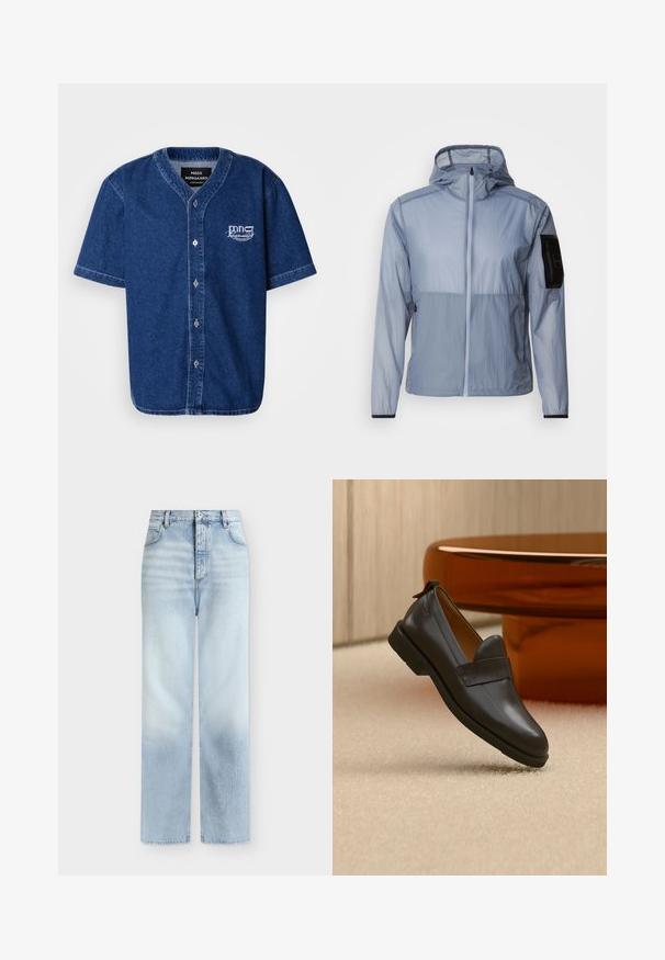 Lichtblauwe, lichtgewicht jas met een volledige rits, verstelbare capuchon en een zwarte zak op de linkermouw. Gladde textuur en een minimalistisch ontwerp.; Korte mouw, button-up shirt gemaakt van donkerblauwe denim met een klassieke kraag en een wit geborduurd logo op de linkerkant van de borst.; Lichtblauwe, hoog getailleerde, rechte jeans met voorzakken, riemlussen en een knoopsluiting.; Zwarte leren loafer met lage hak zwevend boven een beige tapijt, naast een glanzende amberkleurige tafel in een minimalistische kamer.