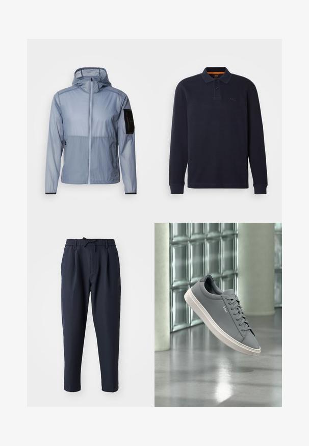 Veste légère bleu clair, avec une fermeture éclair complète, une capuche ajustable et une poche noire sur la manche gauche. Texture lisse et design minimal.; Polo shirt à manches longues bleu marine en tissu texturé avec une ouverture pour le col boutonnée. Présente un petit logo brodé sur la poitrine.; Pantalons bleu marine avec une taille élastique, détail de cordon de serrage, design à jambe fuselée, texture lisse et poches latérales.; Baskets grises de la marque BOSS avec semelle blanche, lacées, flottant à l'intérieur devant un mur en blocs de verre et un sol en béton poli.