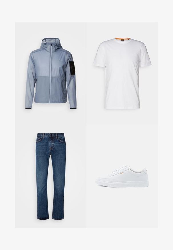 Lyseblå, letvægtsjakke med fuld lynlås, justerbar hætte og sort lomme på venstre ærme. Glat tekstur og minimalistik design.; Hvid bomulds T-shirt med rund hals, korte ærmer og et subtilt præget logo på brystet. Indvendigt mærke har en orange detalje.; Mænds blå denim jeans med lige ben design, standard talje, fem-lomme stil og subtilt slid langs lårene.; Hvide lædersneakers med glat tekstur, rund tå og ton-i-ton syning. Har blå snørebånd og et gult logo på siden.