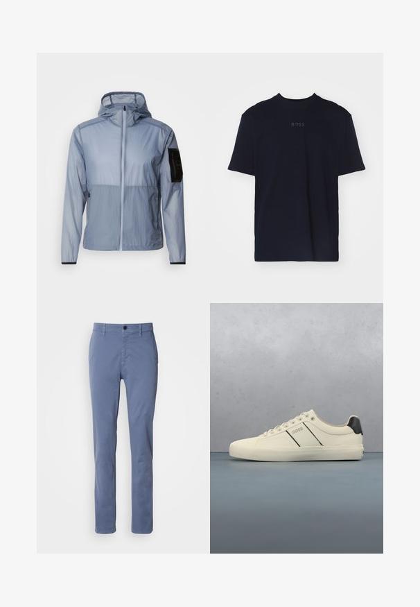 Lyseblå, letvægtsjakke med fuld lynlås, justerbar hætte og sort lomme på venstre ærme. Glat tekstur og minimalistik design.; Marineblå bomulds t-shirt med korte ærmer og rund neckline, prydet med et gråt "BOSS" logo centreret på brystet.; Blå lige benbukser med knap- og lynlåslukning, bæltestropper og forlommer, præsenteret på en hvid baggrund.; Cremefarvede sneakers med en glat tekstur, der har sorte accenter og branding. Klassisk snørebåndsdesign med rund tå og gummisål.