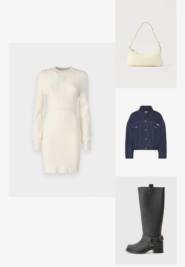 Mørkeblå denimjakke med knaplukning, to brystlommer med klap, lange ærmer og et lille Calvin Klein-logo på højre lomme.; Strikkjole i creme med ribbet tekstur, der har lange ærmer, en tætsiddende silhuet og en rund halsudskæring. Accentueret med subtile detaljer.; Sorte læderknæhøje støvler med en tekstureret overflade, der har en sidebuckle-detalje og en lav hæl. Særligt detaljeret syninger langs sømmene.; Lille cremefarvet taske med en kurvet form og fletet guldfarvet kæde som håndtag, lynlås lukning på toppen