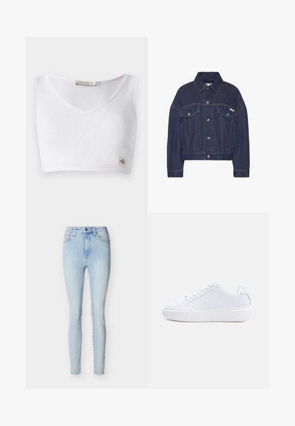 Chaqueta de mezclilla azul oscuro con cierre de botones, dos bolsillos con solapa en el pecho, mangas largas y un pequeño logo de Calvin Klein en el bolsillo derecho.; Bralette blanco con relieve que presenta un escote en V, tirantes anchos y una pequeña etiqueta con el logo en el dobladillo. Fabricado con un tejido suave y elástico.; Jeans ajustados de tiro alto en azul claro con cierre frontal de botón y cremallera, cinco bolsillos y un sutil desvanecimiento a lo largo de las piernas.; Zapatilla blanca de corte bajo con cierre de cordones, suela gruesa y parte superior lisa, mostrada desde el lado exterior sobre un fondo claro y sencillo.