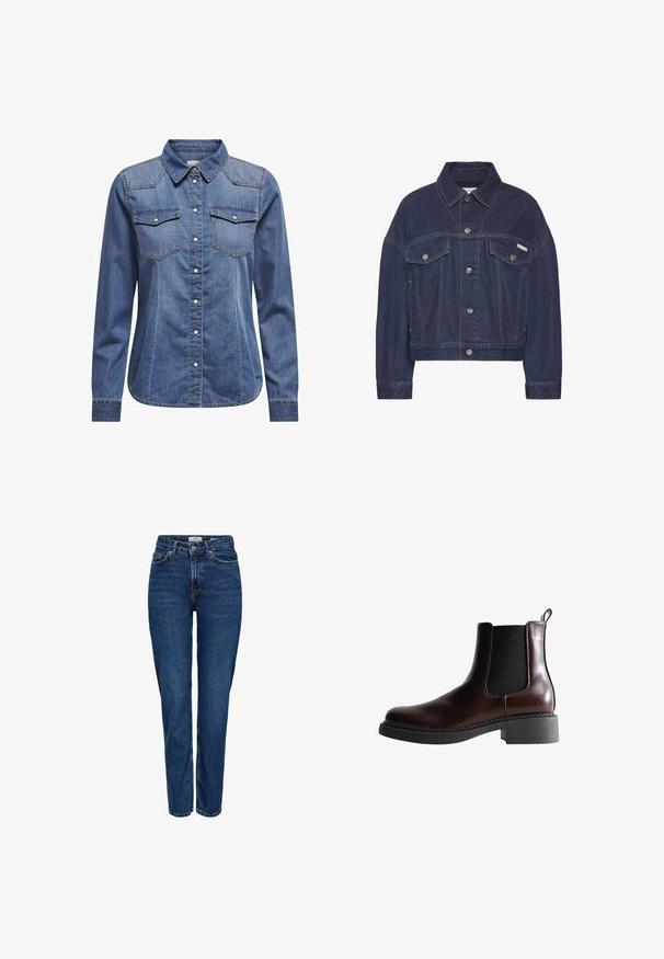 Donkerblauwe denim jas met knoopsluiting, twee borstflapzakken, lange mouwen en een klein Calvin Klein-logo op de rechterzak.; Donkerblauw denim shirt met een kraag, lange mouwen, dubbele borstzakken en contrasterende stiksels.; Donkerblauwe spijkerbroek met rechte pijpen, hoge taille, vijf zakken, lichte stiksels en een subtiele textuur.; Bruine leren enkelboot met elastische zijpanelen, ronde neus en een gestructureerde zwarte rubberen zool. Heeft contrasterende stiksels en een lusje aan de achterkant.