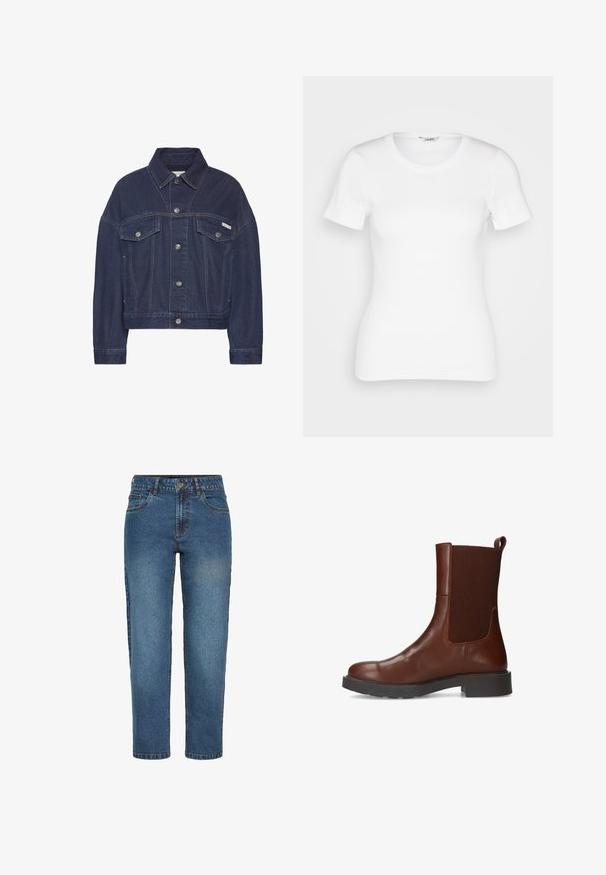 Veste en denim bleu foncé avec fermeture à boutons, deux poches à rabat sur la poitrine, manches longues et un petit logo Calvin Klein sur la poche droite.; T-shirt en coton blanc avec des manches courtes, un col rond et une texture côtelée. Design ajusté avec une finition lisse et nette.; Jean en denim bleu taille haute à jambes droites avec bouton et fermeture éclair devant, deux poches avant et passants de ceinture.; Bottines en cuir marron avec une finition lisse, panneaux latéraux élastiques côtelés, semelle noire robuste et une languette pour un enfilage facile.
