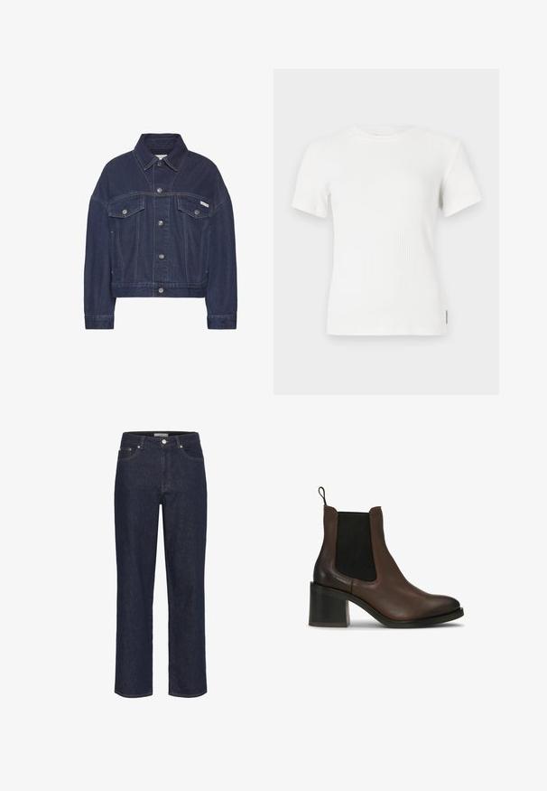 Mørkeblå denimjakke med knaplukning, to brystlommer med klap, lange ærmer og et lille Calvin Klein-logo på højre lomme.; Hvid ribbet kortærmet t-shirt med rund halsudskæring. Blød tekstur, tætsiddende design og minimale syninger.; Gestuz SUMMER WIDE - Wide leg - unwashed denim; Brune læderankelstøvler med elastiske sidepaneler, en blokhæl, glat tekstur og en trække-flap for nem påtagning.