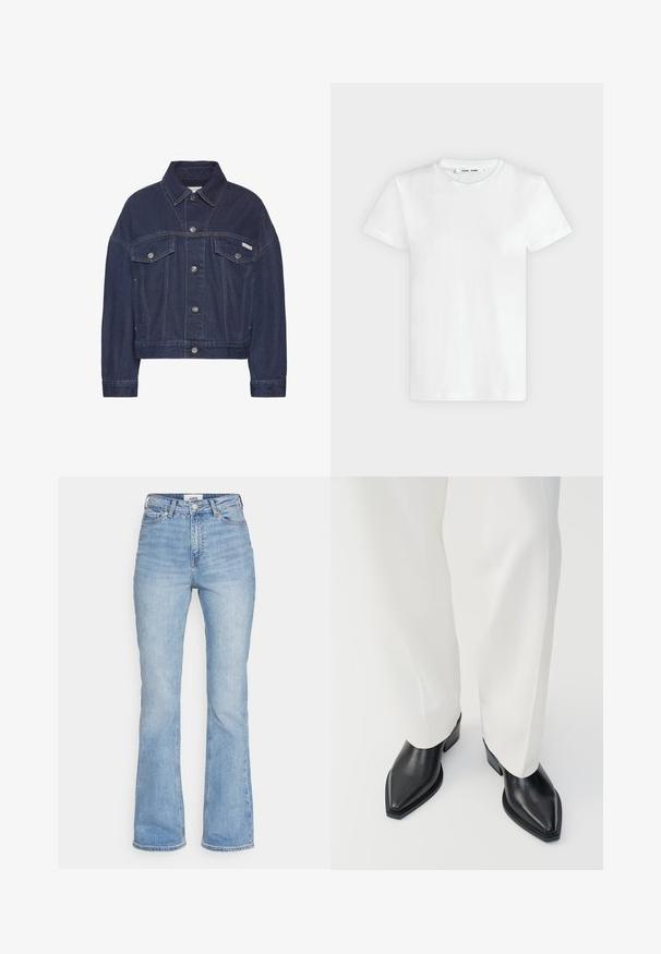 Dunkelblaue Jeansjacke mit Knopfverschluss, zwei Brusttaschen mit Klappen, langen Ärmeln und einem kleinen Calvin Klein-Logo auf der rechten Tasche.; Ein schlichtes weißes T-Shirt mit kurzen Ärmeln und Rundhalsausschnitt liegt flach auf einem hellgrauen Hintergrund, zeigt die Vorderseite mit einem Etikett im Halsausschnitt.; Hellblaue Denim-Jeans mit hohem Bund und Schlag, ausgestattet mit einem klassischen Fünf-Taschen-Design und sichtbaren Nähten an den Nähten.; Schwarze spitz zulaufende Stiefeletten aus glattem Leder mit flachen Blockabsätzen, kombiniert mit weißen, weiten Hosen. Schlichtes und modernes Design.