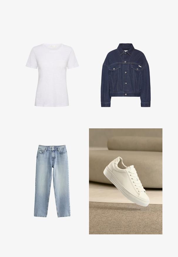Chaqueta de mezclilla azul oscuro con cierre de botones, dos bolsillos con solapa en el pecho, mangas largas y un pequeño logo de Calvin Klein en el bolsillo derecho.; Camiseta blanca de manga corta hecha de un tejido suave y ligero. Presenta un escote redondeado y una textura suave con un ligero brillo.; Jeans de mezclilla azul claro con un diseño de pierna recta, cintura alta y un ligero desvanecimiento. Cuentan con un cierre de botón y un estilo clásico de cinco bolsillos.; Zapatilla blanca de cuero con cordones flotando sobre una alfombra beige texturizada, con un sofá beige en el fondo desenfocado.