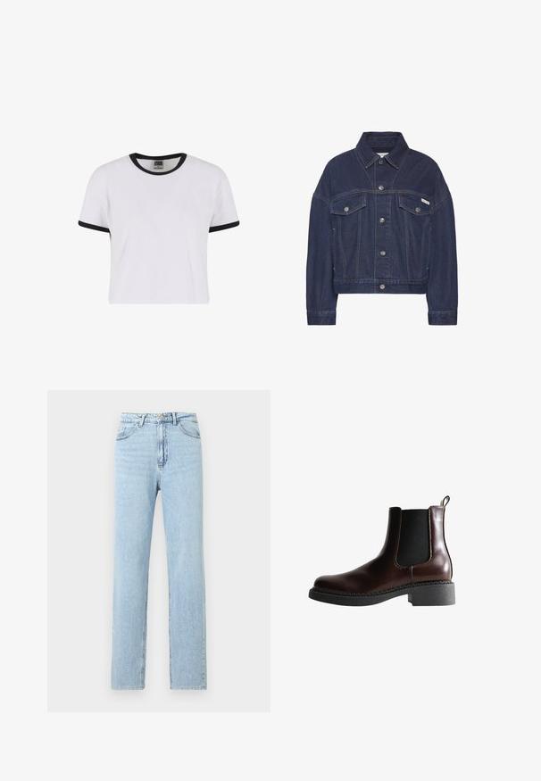 Chaqueta de mezclilla azul oscuro con cierre de botones, dos bolsillos con solapa en el pecho, mangas largas y un pequeño logo de Calvin Klein en el bolsillo derecho.; Camiseta blanca de manga corta con un cuello y puños de ribete negro. Confeccionada con un material de algodón suave, presenta un ajuste clásico.; Vaqueros azul claro de corte recto con bolsillos delanteros, trabillas para cinturón y cierre de botón y cremallera.; Botín de cuero marrón con paneles laterales elásticos, puntera redonda y suela de goma negra texturizada. Presenta costuras en contraste y una pestaña para facilitar el calce.