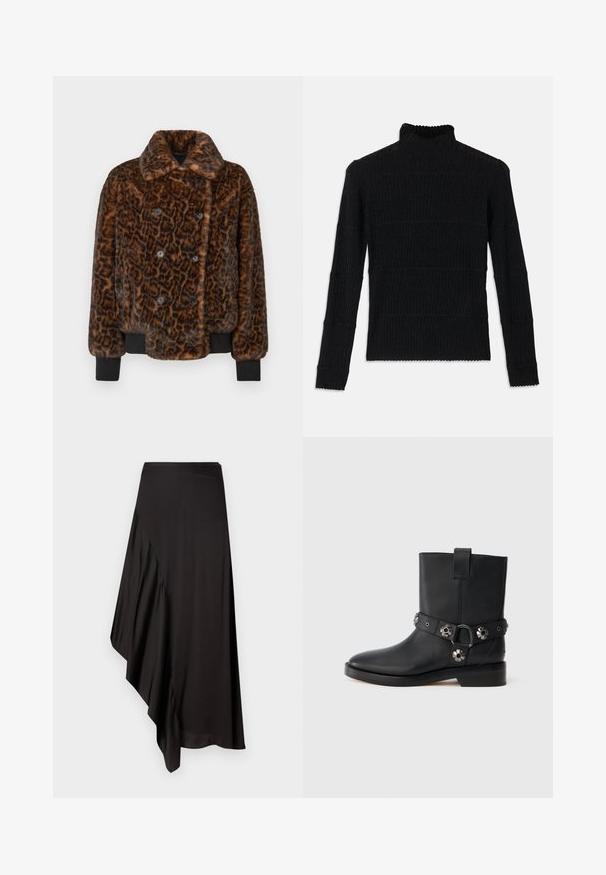 Pruun leopardimustriga kunstkarusnahast jakk kahekordse nööbiga, krae ja mustade ribadega mansettidega. Tekstuuriga, pehme viimistlus.; Mustriline turtleneck-sweater mustriline alussleeves ja tekstureeritud viimistlusega. Omab horisontaalseid triibusid ja sakilisi ääri varrukatel.; AERON ASTER SKIRT - Pliiatsseelik - black; Mustad mustad nahast ankle saapad ümmarguse ninaga, dekoratiivsete lilleaktsentidega rihmal ja madala plokkninakaga. Ülemises osas on tõmbetab.