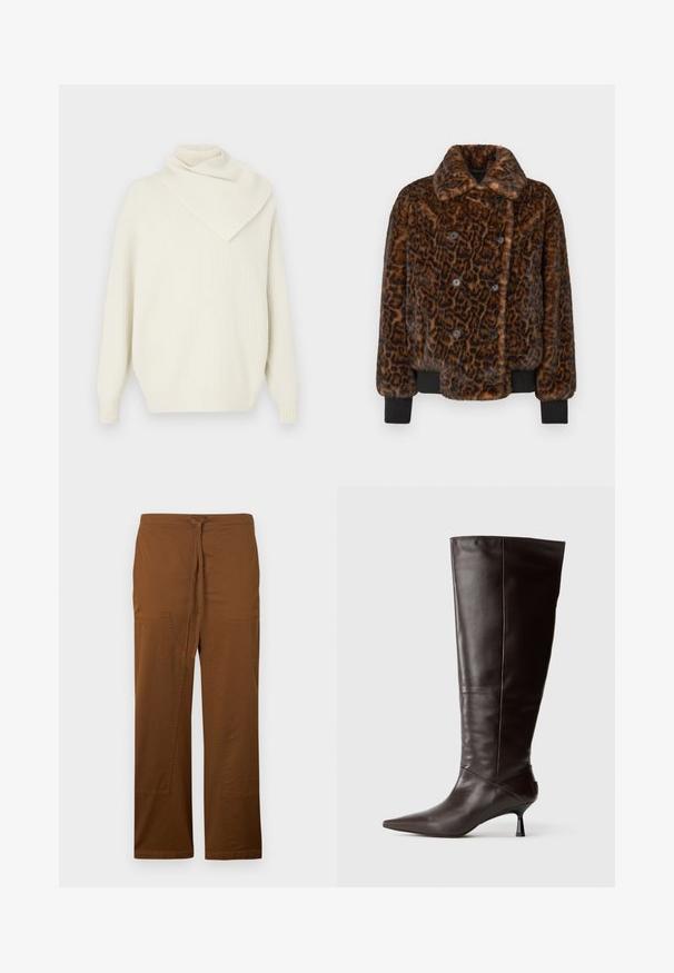 Ruskean laikkuprintillä varustettu faux-fur-takki, jossa on kaksoisnapitus, kaulus ja mustat ribbineulotut hihat. Rakenne on pehmeä ja tekstuuri on miellyttävä.; Kreemivärvi ribatud kudum, millel on longus asümmeetriline krae ja pikad varrukad, omades lõdva istuvust ja pehmet tekstuuri.; Ruskeat leveälahkeiset housut, valmistettu pehmeästä puuvillasta, joissa on edessä solmittava nauha, kaksi suurta päällystetä taskua ja sileä, tekstuurioton pinta.; Varren ruskea nahkasaapas polven korkeudelle, jossa on terävä kärki ja hoikka korko. Suuri pinta ja tyylikäs muotoilu, jossa on minimalistinen siluetti.